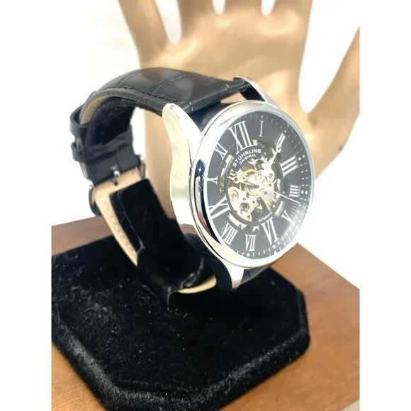 Stuhrling Mens Watch 3942 Automatic Skeleton Dial Silver Black Leather Band 42mm